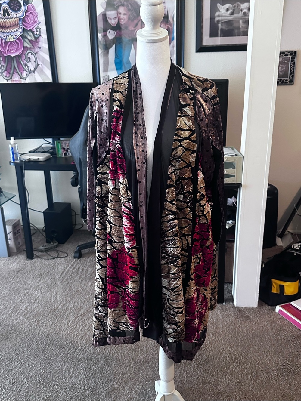 Velvet Floral Open-Front Cardigan Sweater - Black, Gold & Burgundy